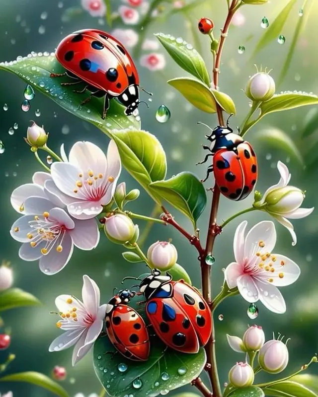 Ladybugs On Leafy Branch