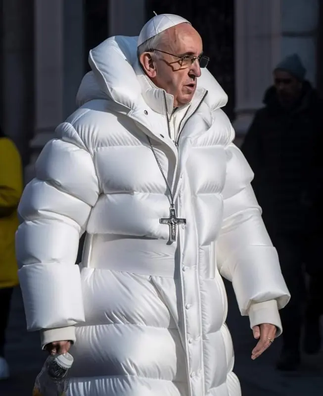 Likely AI-Generated Image Resembling Pope Francis: White Puffer Jacket Outdoor Walk