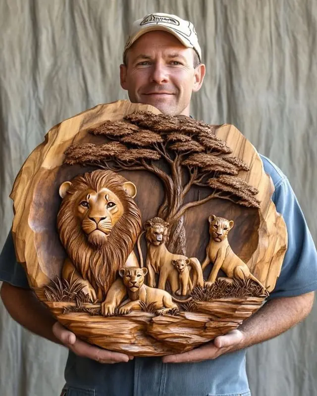 Lion Family Wooden Carving