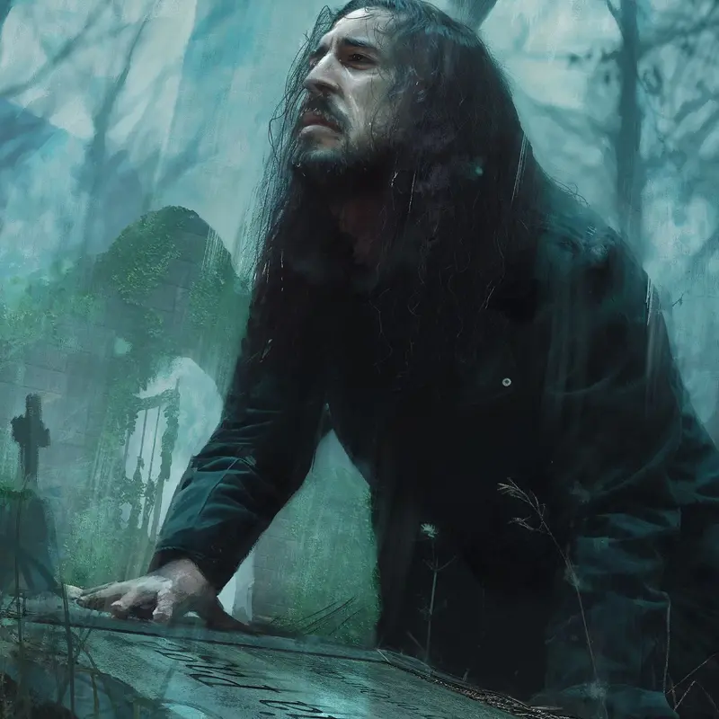 Man In Misty Graveyard