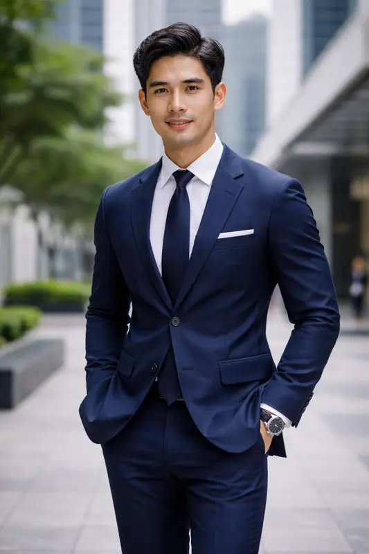 Man In Navy Suit Outdoors