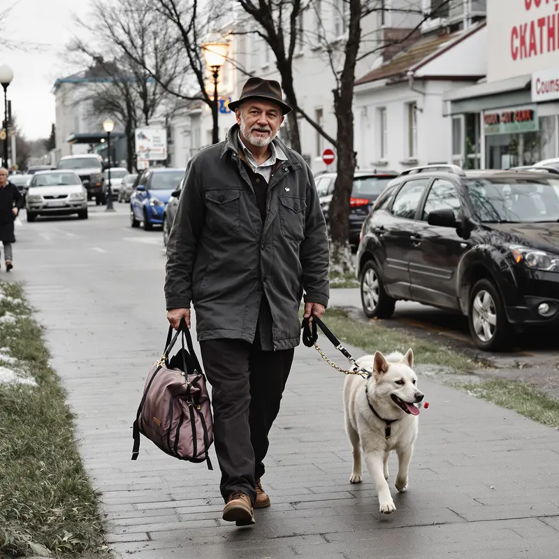 Man Walking Dog With Bag
