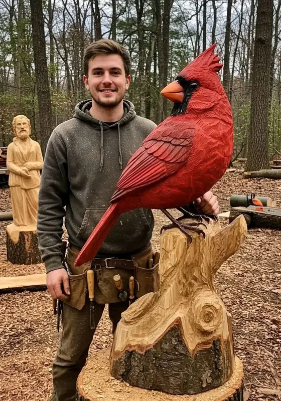 Man With Wooden Cardinal Sculpture