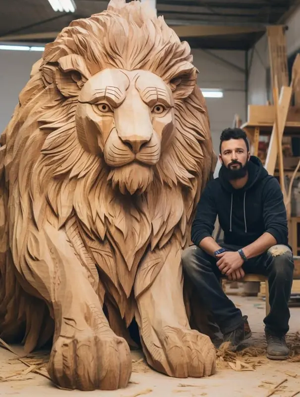 Man With Wooden Lion Sculpture
