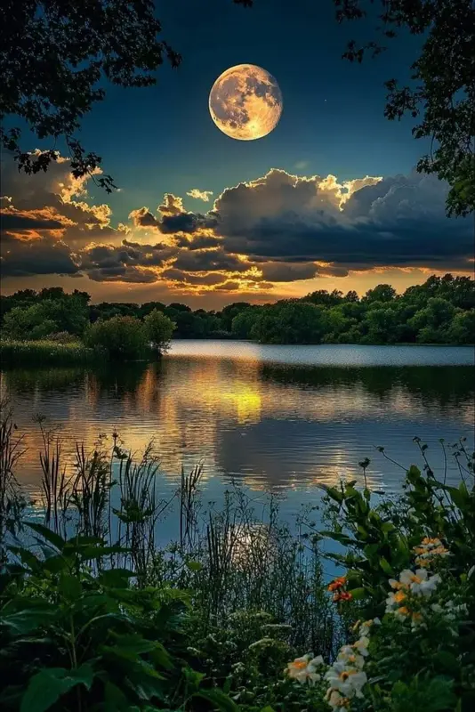 Moon Over Tranquil Lake Scene
