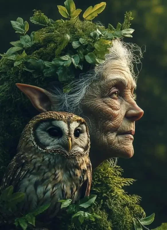 Moss-adorned Elf Woman And Owl
