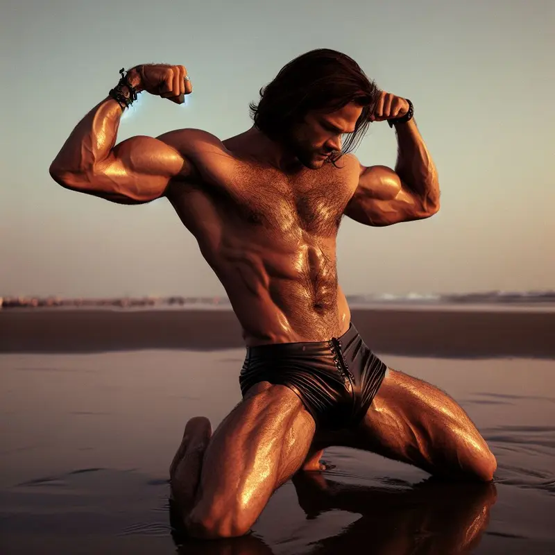 Muscular Man Kneeling Beach