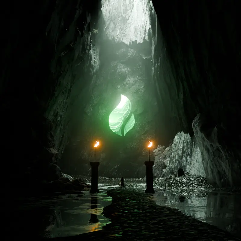 Mysterious Green-lit Cave Interior