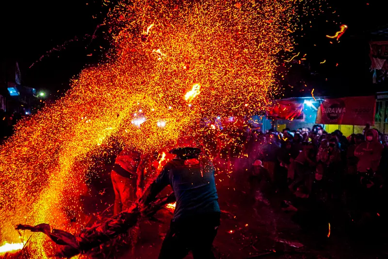 Night Bonfire With Crowd