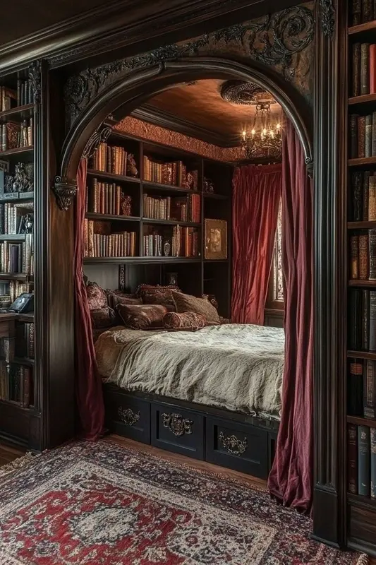 Ornate Library Nook With Bed