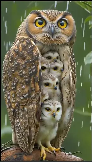 Owl Family In Rain