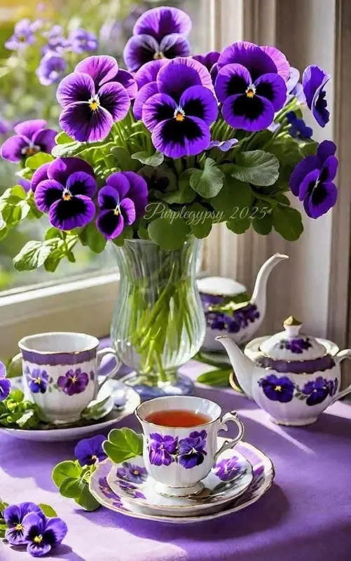 Pansies, Teacups, And Elegant Still Life
