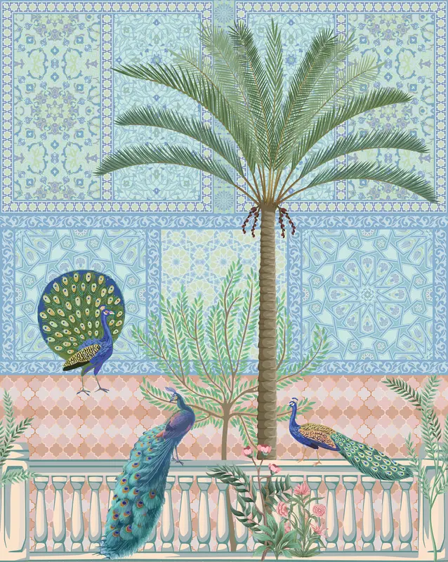 Peacocks With Tiled Background