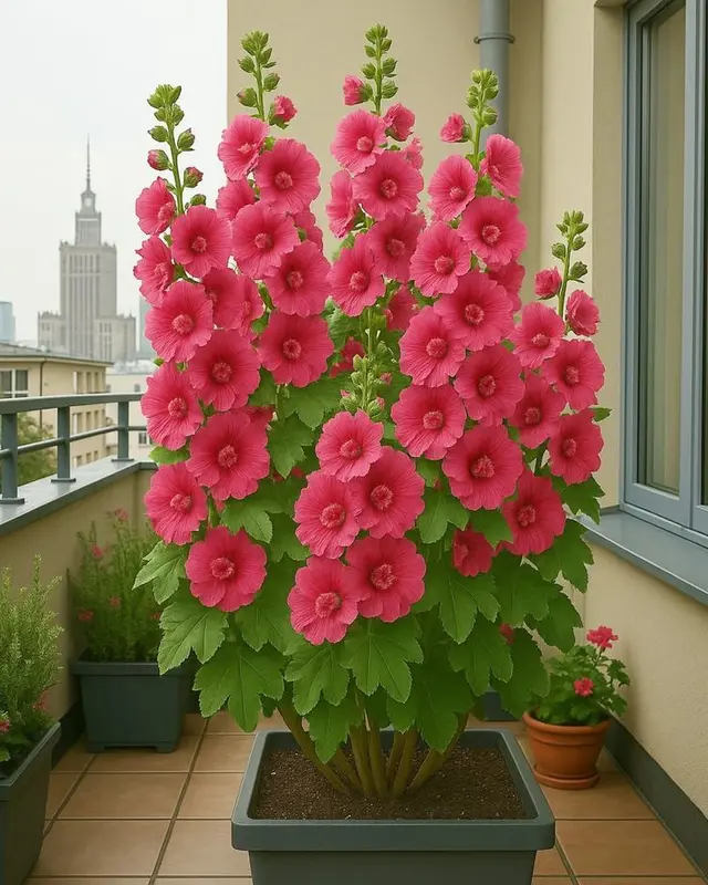 Pink Hollyhock On Balcony