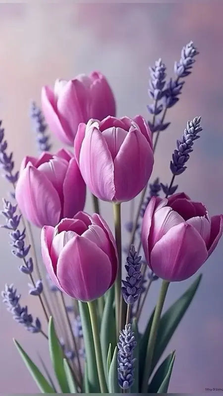 Pink Tulips And Lavender Bouquet