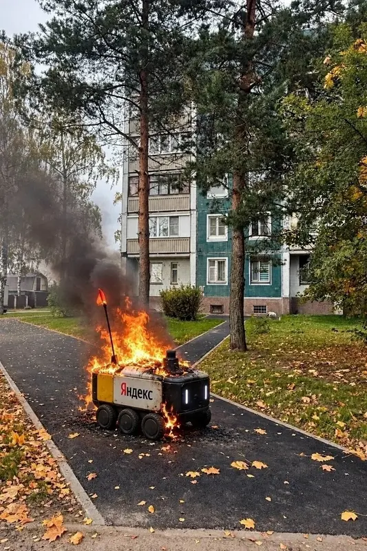 Possibly AI-Generated: Delivery Robot on Fire Outside Apartment