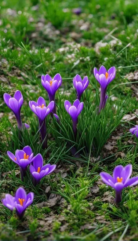Purple Crocus Flowers In Grass