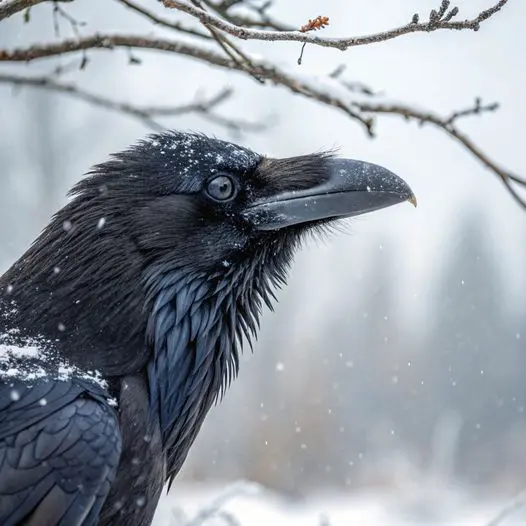 Raven Under Snowy Branch