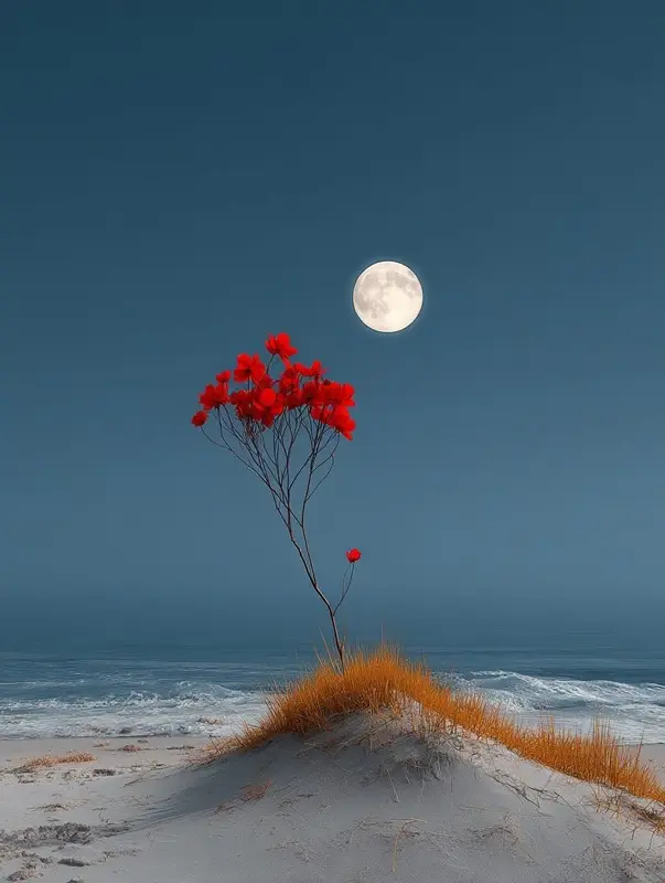 Red Tree, Moon, Beach