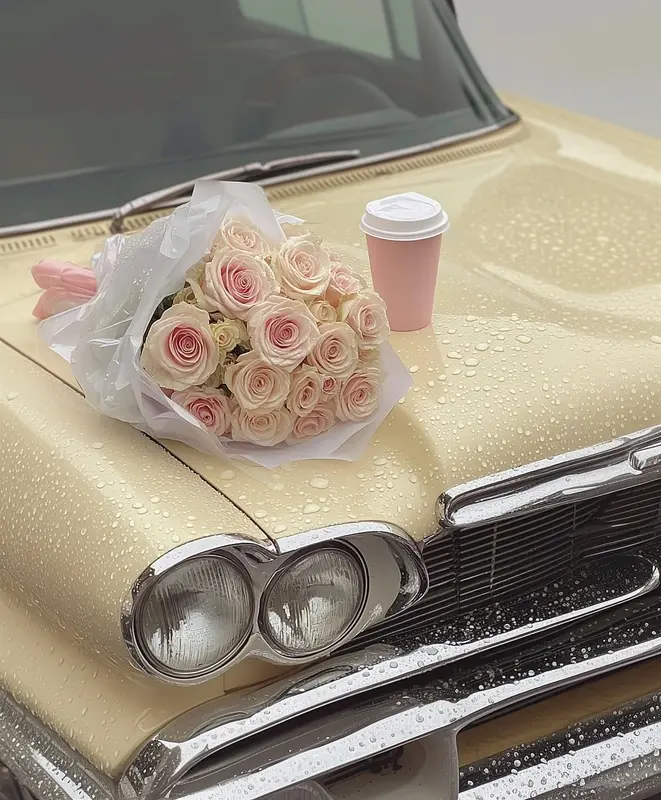 Roses, Car, Coffee, Rainy Day