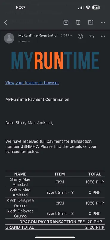 Running Event Payment Confirmation