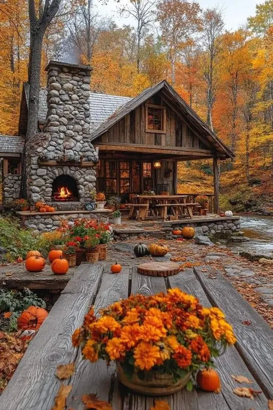 Rustic Autumn Cabin Scene