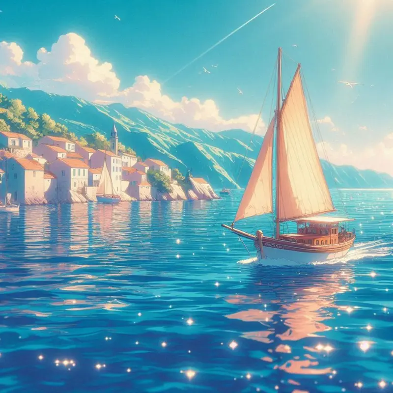 Sailboat Near Coastal Village