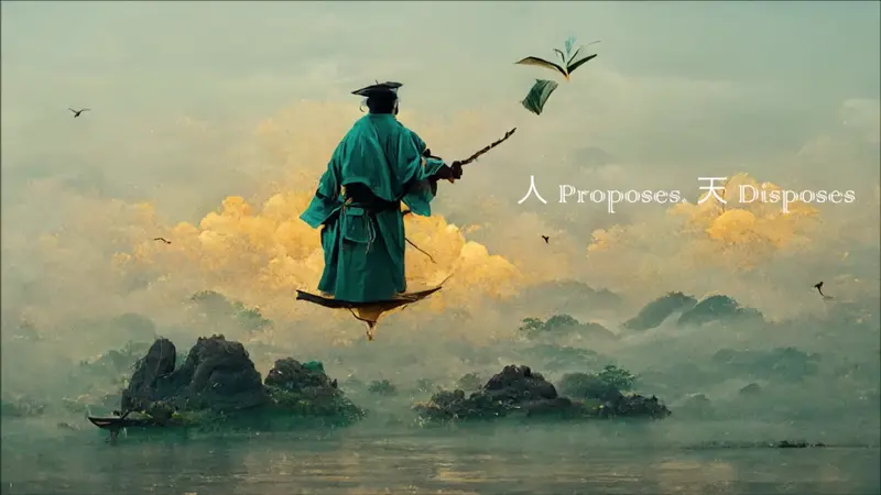 Scholar Floating Above Misty Landscape