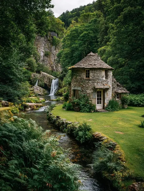 Stone House By A Waterfall