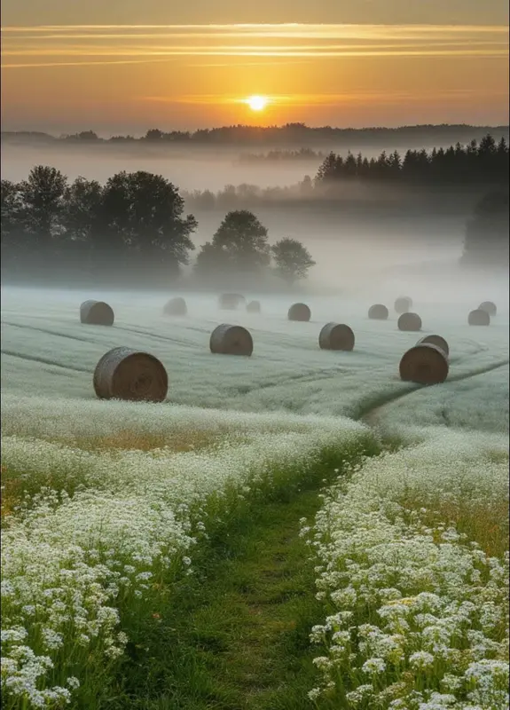 Sunrise Over Hay Bales