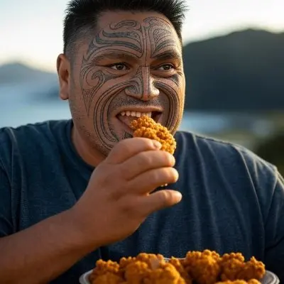 Tattooed Person Eating Chicken