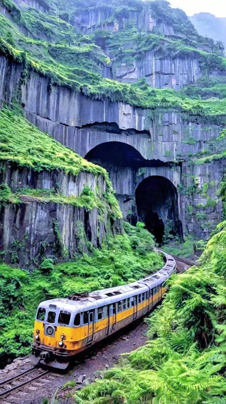 Train Passing Through Mountain Tunnels