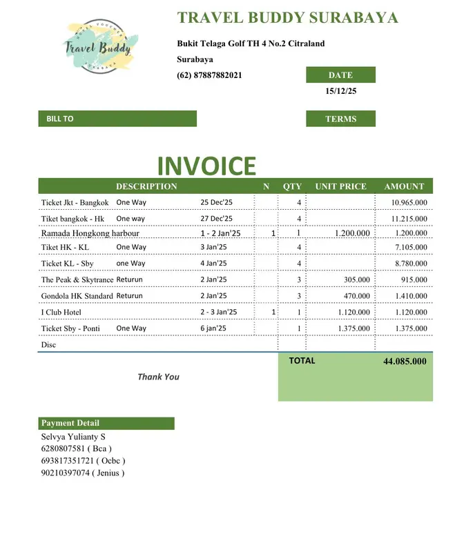 Travel Service Invoice Document