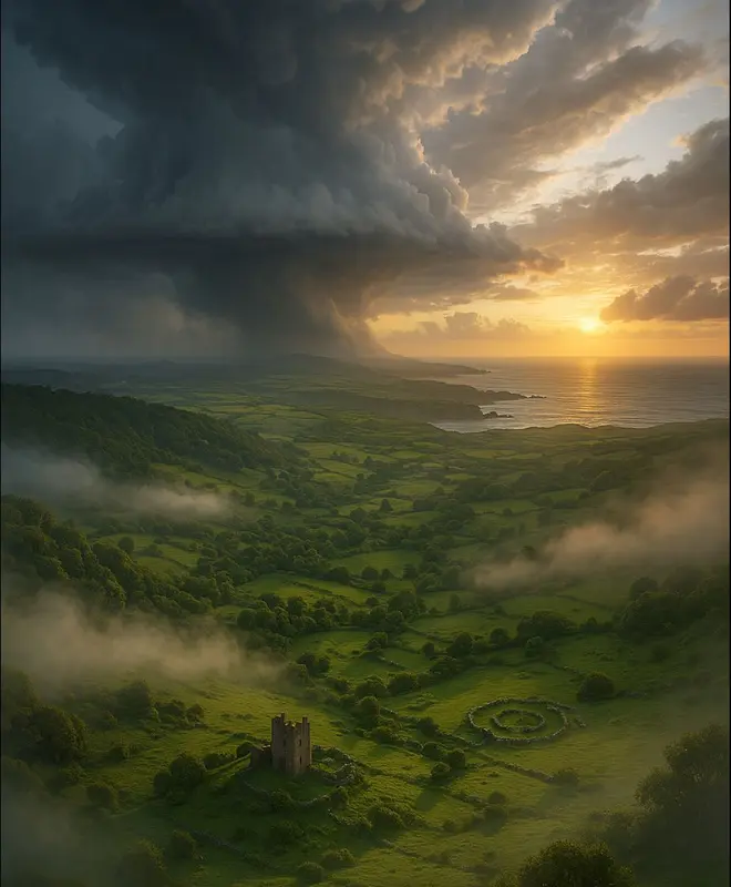 Valley With Stormy Sunset