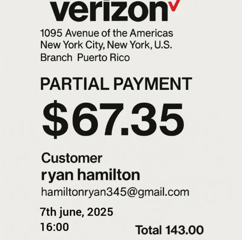 Verizon Receipt: Partial Payment