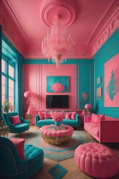 Vibrant Pink Teal Living Room