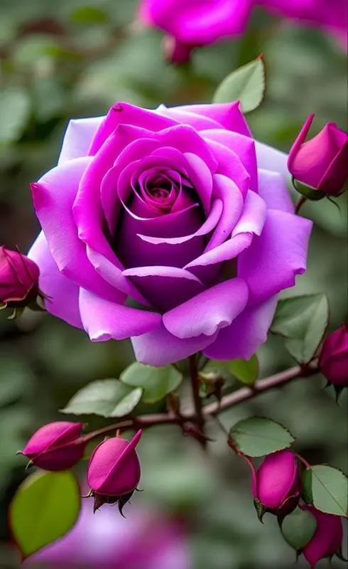 Vibrant Purple Rose With Buds