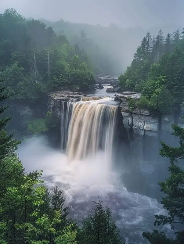 Waterfall In Misty Forest