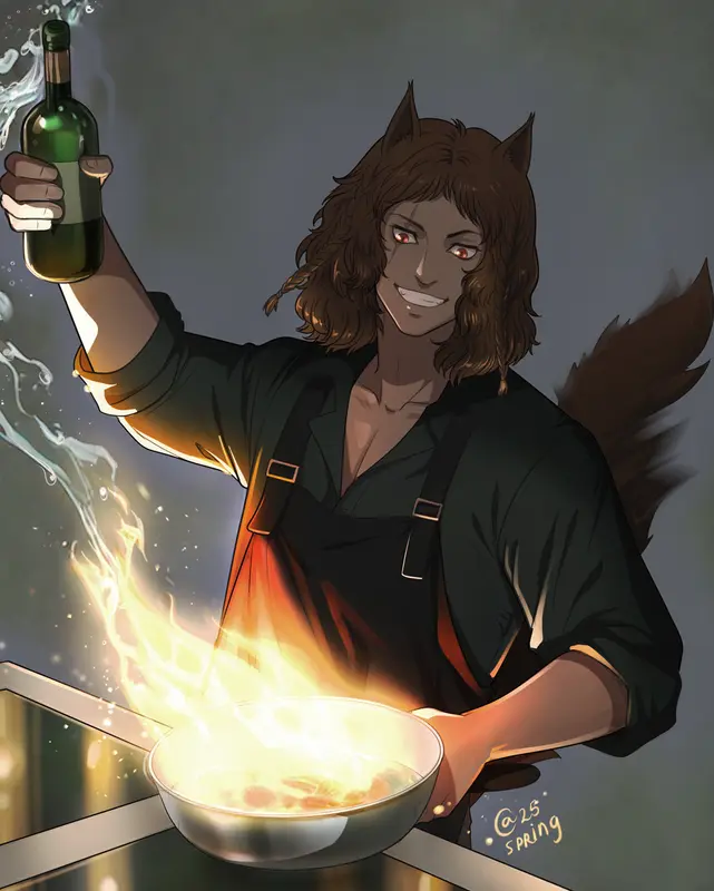 Wolf-like Chef Cooking With Fire