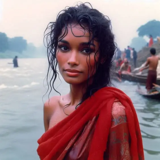 Woman In Red Sari By River