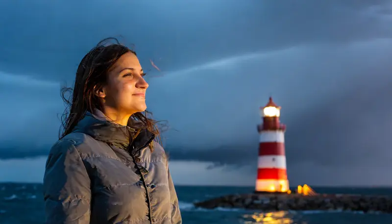 Woman Near Lighthouse Twilight