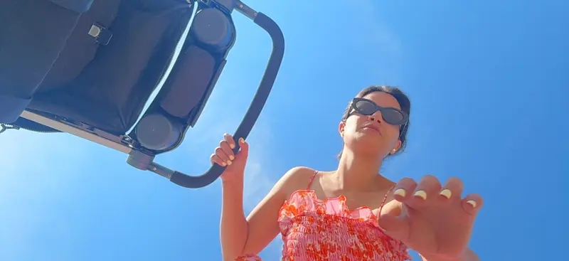 Woman, Stroller, Blue Sky