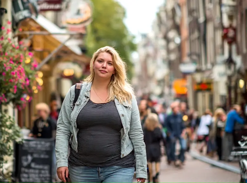 Woman Walking On Crowded Street