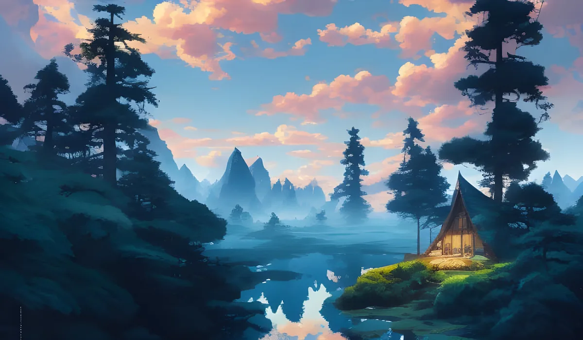 A valley at dusk with tall dark pines, pink clouds, pointed blue mountains and a lit cabin beside a lake