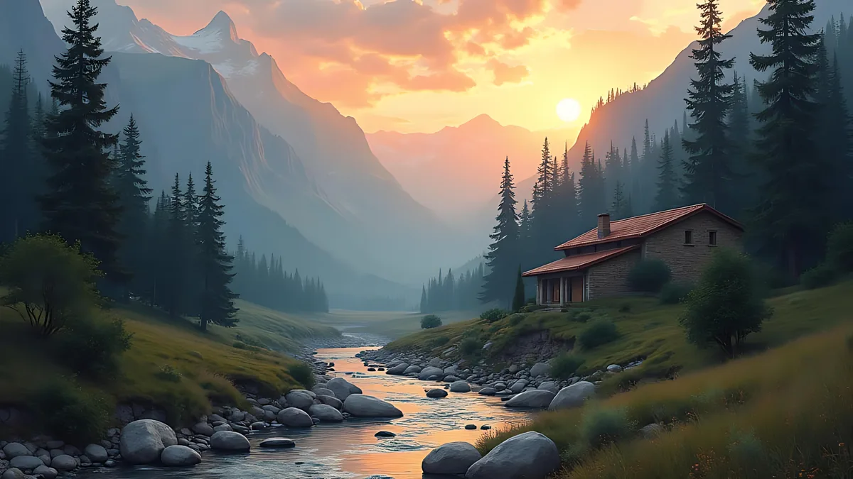 A misty mountain valley at sunset with pine trees, a stream over round boulders and a stone cabin with a red roof