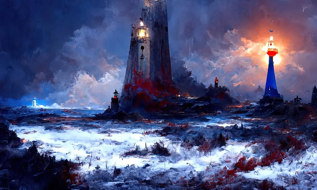 An AI-generated digital painting of a stormy coastal scene with lighthouses, showing the polished but inconsistent look typical of AI art