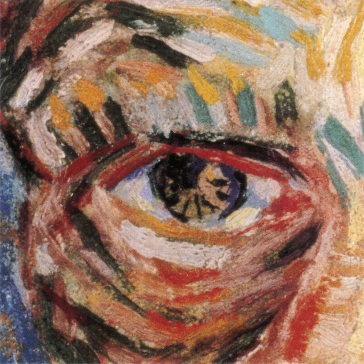 Close-up of a painted eye made of thick, separate brushstrokes in red, ochre, green and blue that curve around the eye socket