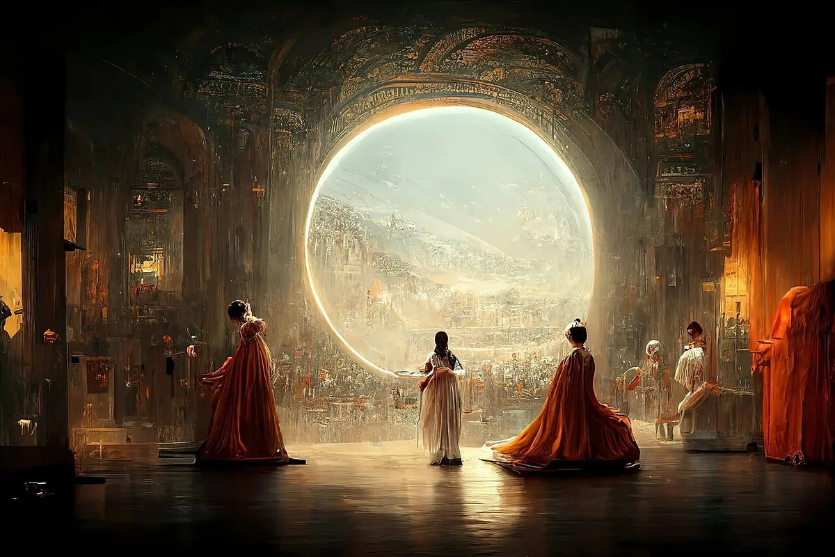 Théâtre D'opéra Spatial: robed figures stand in a dark, ornate hall facing a huge glowing circular window onto a hazy landscape