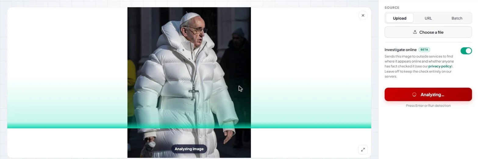 An image being analyzed in the AI image checker, with a scan line moving across it