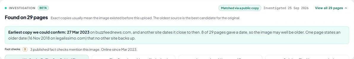 Where has this image been seen before: earliest copy confirmed on 27 March 2023, plus a note that one page states an older date no other site backs up
